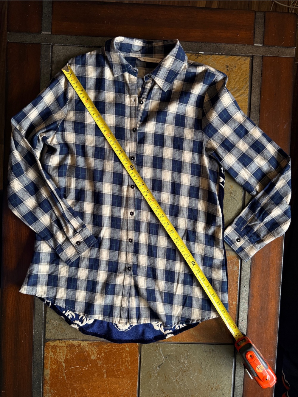 Soft surroundings oversized small plaid blues w velvet embroidered back floral